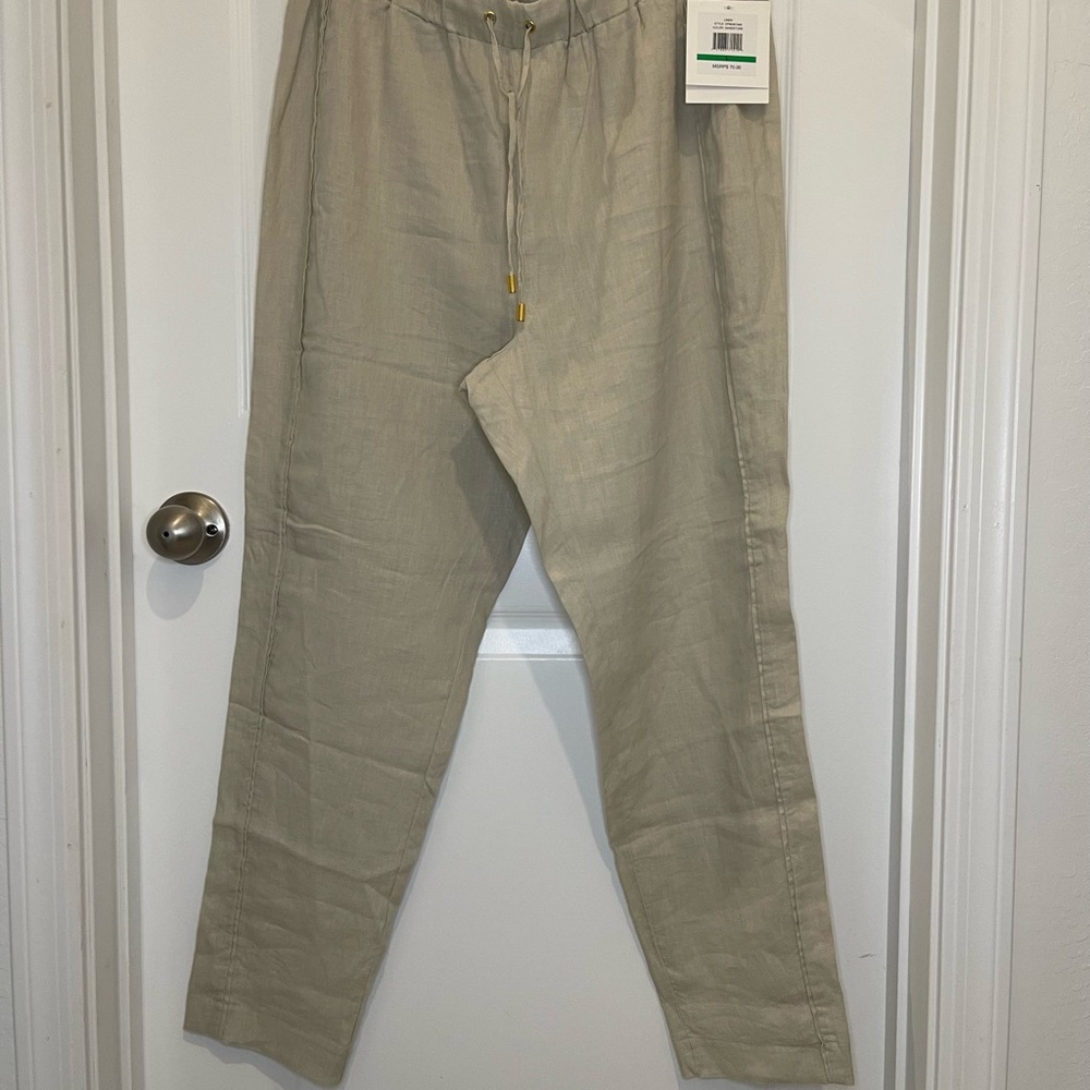 Ellen Tracy Linen Drawstring Pants in Light Beige Large NWT